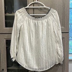 Off the shoulder, white with black trim, fully lined summer blouse